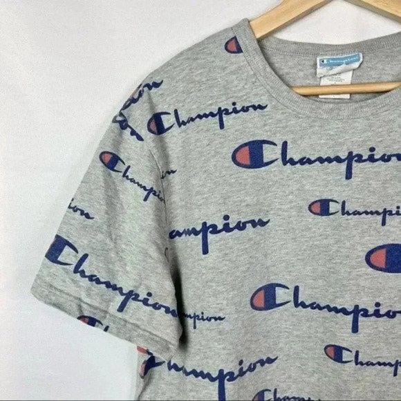Champion Gray All Over Graphic Logo Crew Neck T-Shirt L - Picture 4 of 4